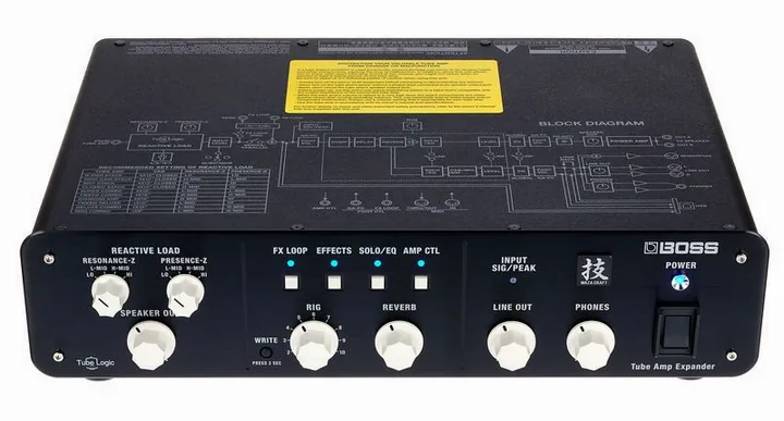 Boss WAZA Tube Amp Expander, logo e finiture del pannello frontale