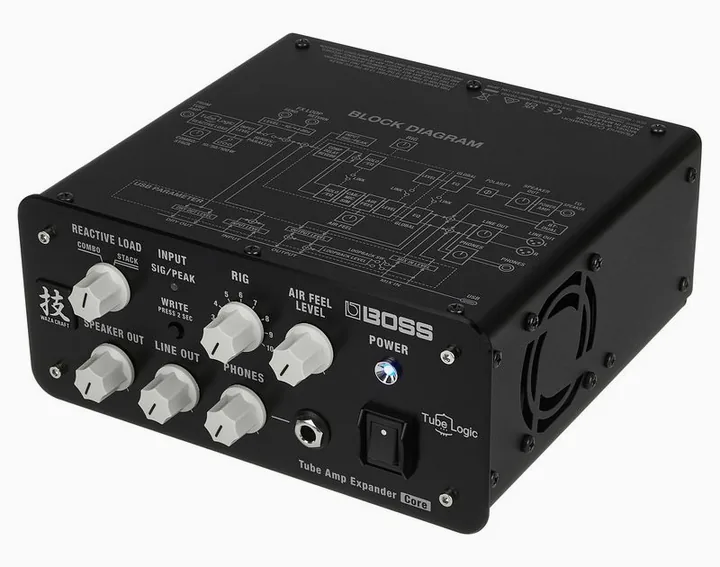 Boss WAZA Tube Amp Expander Core, logo e finiture del pannello frontale