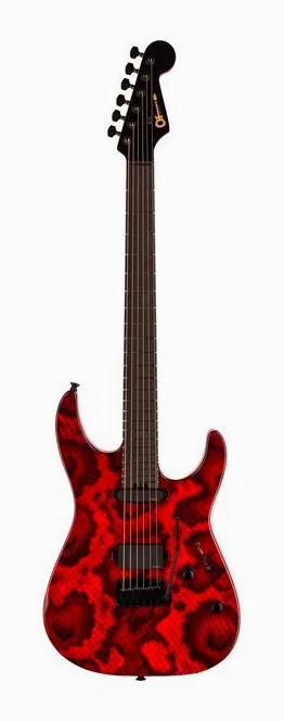 Charvel DK24 HS GT Red Snakeskin inquadrato di fronte su sfondo neutro
