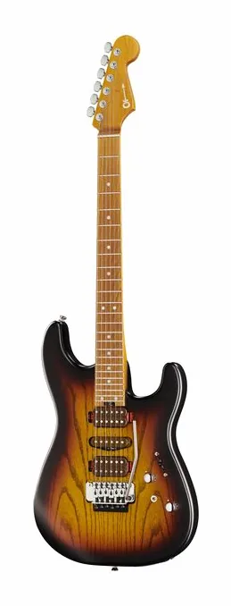 Charvel Guthrie Govan MJ SD24 CM 3TS inquadrato di fronte su sfondo neutro