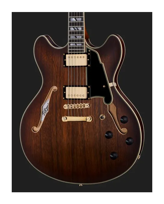 DAngelico Deluxe DC Satin Brown Burst, paletta con meccaniche e logo