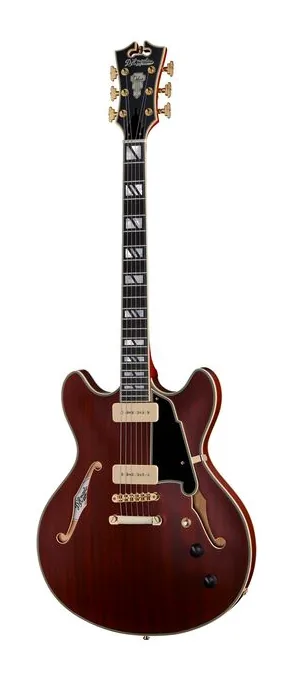 DAngelico Deluxe DC Satin Trans Wine inquadrato di fronte su sfondo neutro