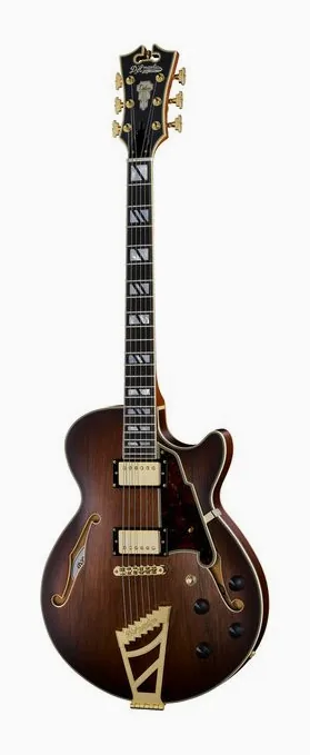 DAngelico Deluxe SS Satin Brown Burst inquadrato di fronte su sfondo neutro