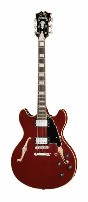DAngelico Premier DC Burnt Red inquadrato di fronte su sfondo neutro