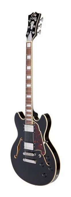 DAngelico Premier Mini DC Solid Black, manico e tastiera visti di lato