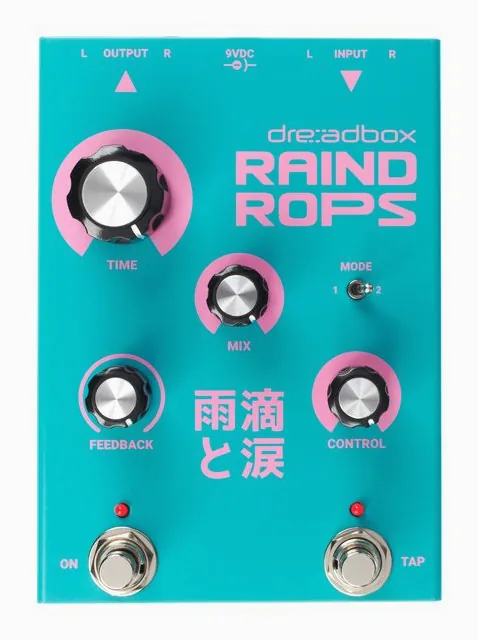Dreadbox Raindrops Delay, Pitch, Reverb, grafica del pannello superiore