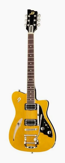Duesenberg Caribou Butterscotch inquadrato di fronte su sfondo neutro