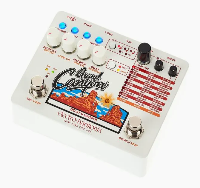 Electro Harmonix Grand Canyon inquadrato di fronte su sfondo neutro