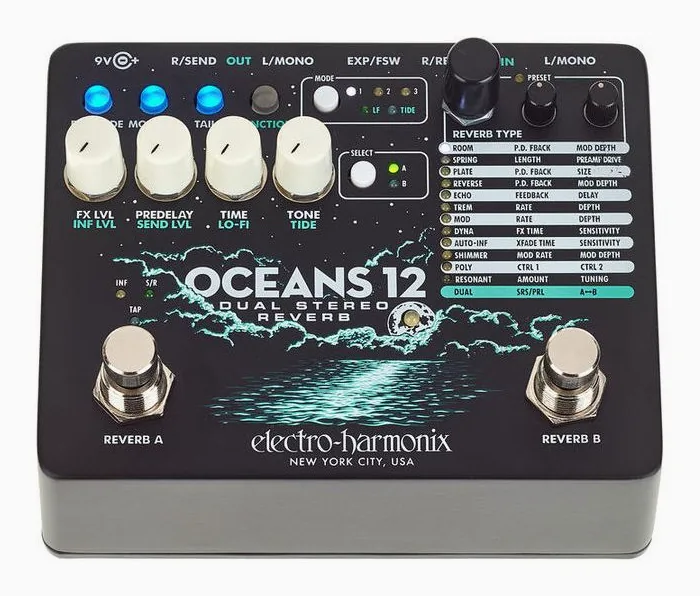 Electro Harmonix Oceans 12 Reverb, manopole viste dall'alto