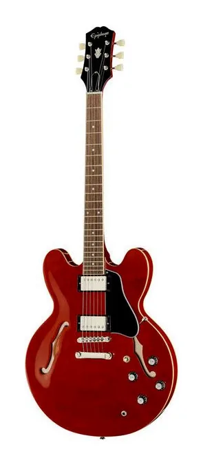 Epiphone ES-335 Cherry inquadrato di fronte su sfondo neutro