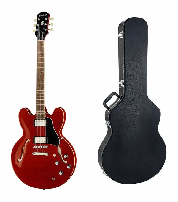 Epiphone ES-335 Cherry w/Case inquadrato di fronte su sfondo neutro