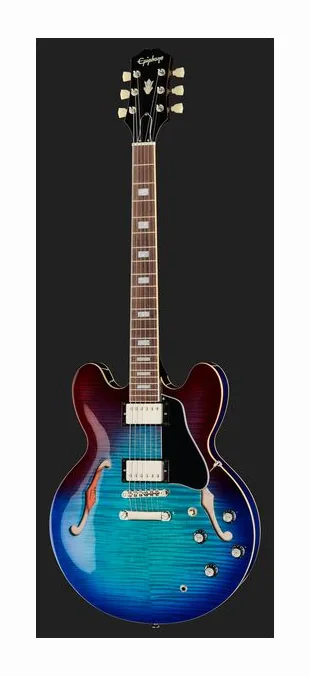 Epiphone ES-335 Figured Blueberry Burst, paletta con meccaniche e logo