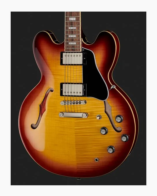 Epiphone ES-335 Figured Tea Burst, pickup e manopole dei controlli