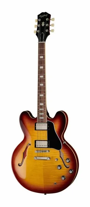 Epiphone ES-335 Figured Tea Burst inquadrato di fronte su sfondo neutro