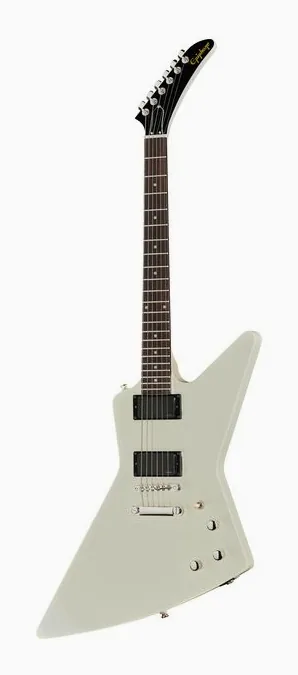 Epiphone Explorer 80s EMG Classic White visto di fronte