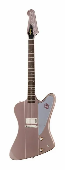 Epiphone 1963 Firebird I Heather Poly inquadrato di fronte su sfondo neutro