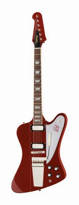 Epiphone 1963 Firebird V Ember Red inquadrato di fronte su sfondo neutro