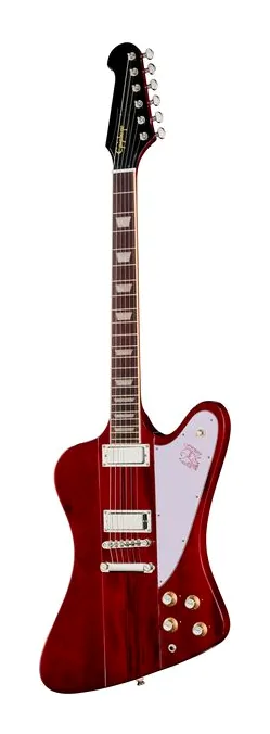 Epiphone Firebird Wine Red inquadrato di fronte su sfondo neutro