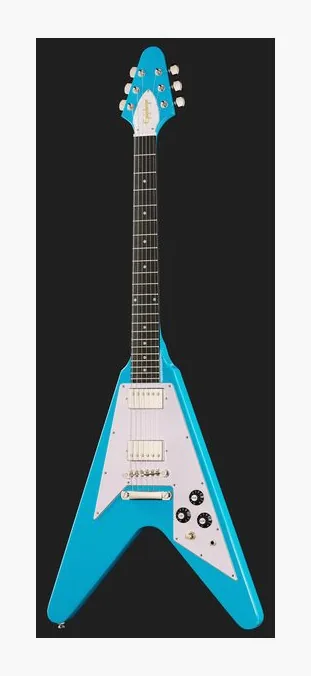 Epiphone Flying V 70s Maui Blue, pickup e manopole dei controlli
