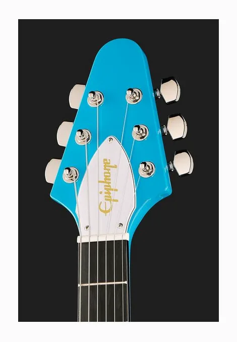 Epiphone Flying V 70s Maui Blue, pickup e manopole dei controlli