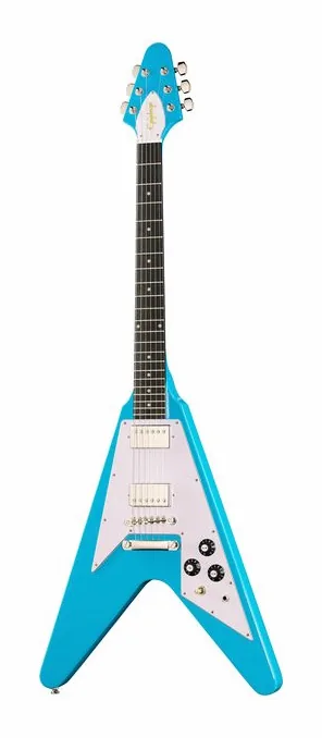 Epiphone Flying V 70s Maui Blue visto di fronte