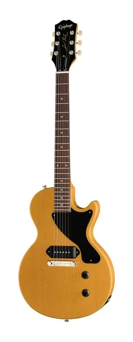 Epiphone Les Paul Junior TV Yellow inquadrato di fronte su sfondo neutro