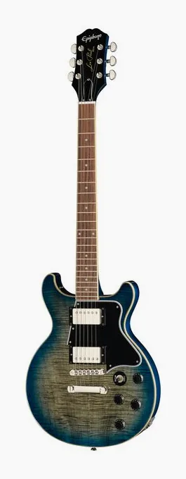 Epiphone Les Paul Special DC Fig OceanW inquadrato di fronte su sfondo neutro