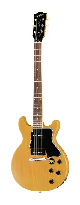Epiphone 1960 Les Paul Special DC TVY inquadrato di fronte su sfondo neutro