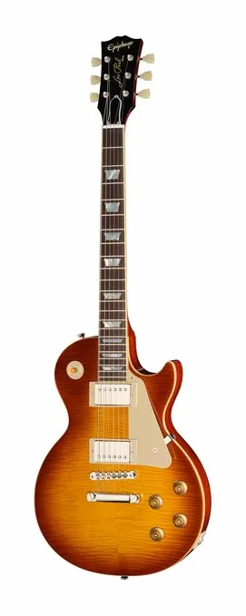 Epiphone 1959 Les Paul Standard Re GPB inquadrato di fronte su sfondo neutro