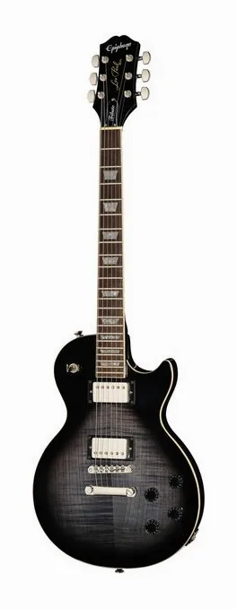 Epiphone Les Paul Tribute Plus EB inquadrato di fronte su sfondo neutro