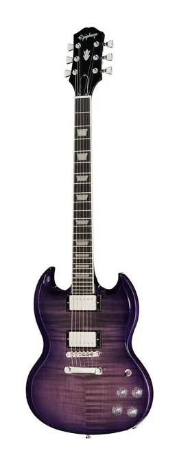 Epiphone SG Modern Figured Purple Burst inquadrato di fronte su sfondo neutro
