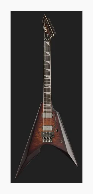 ESP LTD Arrow QM Dark Brown Burst, paletta con meccaniche e logo