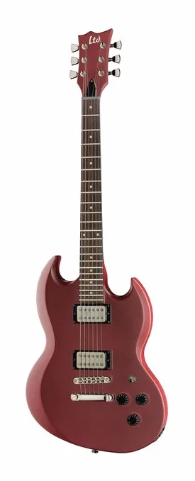 ESP LTD Volsung Oxblood Satin inquadrato di fronte su sfondo neutro