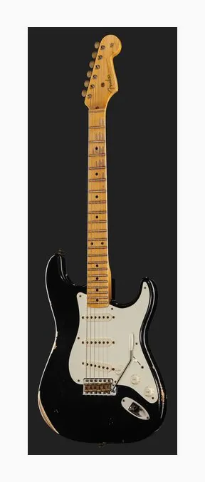 Fender 55 Strat BLK Relic, corpo e verniciatura in primo piano