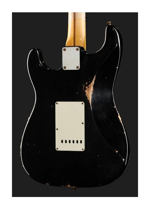 Fender 55 Strat BLK Relic, corpo e verniciatura in primo piano