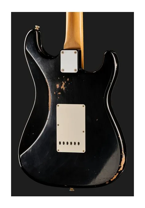 Fender 63 Strat Black Relic LH, paletta con meccaniche e logo