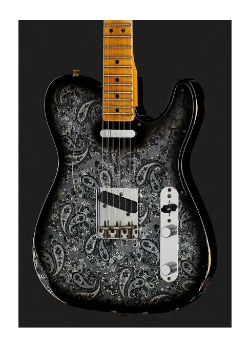 Fender 68 Tele Black Paisley Relic, paletta con meccaniche e logo
