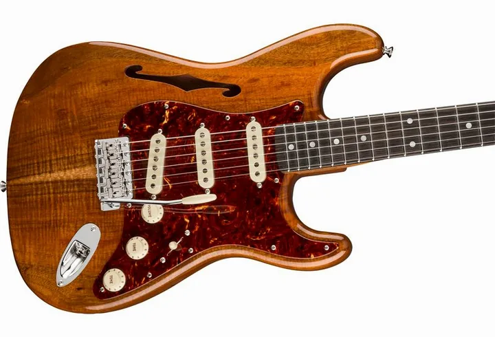 Fender Artisan Koa Thinline Strat AN, capotasto e prime posizioni della tastiera