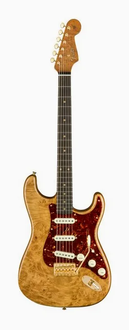 Fender Artisan Maple Burl Strat AN inquadrato di fronte su sfondo neutro