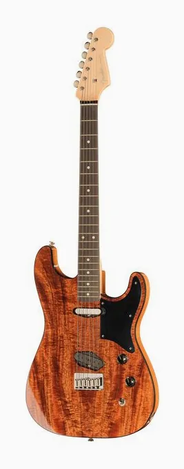 Fender Custom Flame Koa Strat MBKM visto di fronte