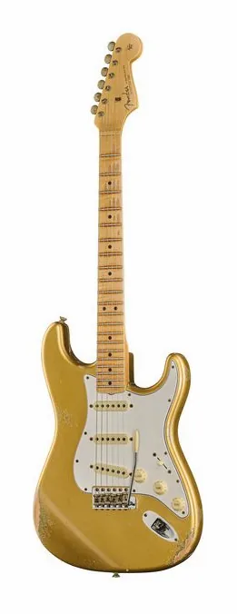 Fender Fat 64 Stratocaster AagOGs Ltd inquadrato di fronte su sfondo neutro