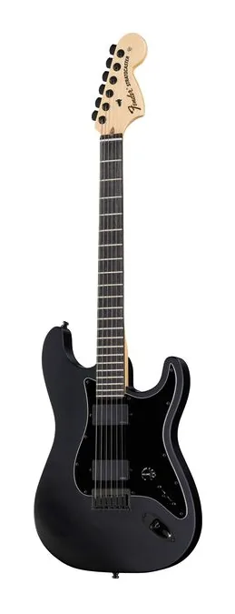 Fender Jim Root Stratocaster EB BK inquadrato di fronte su sfondo neutro