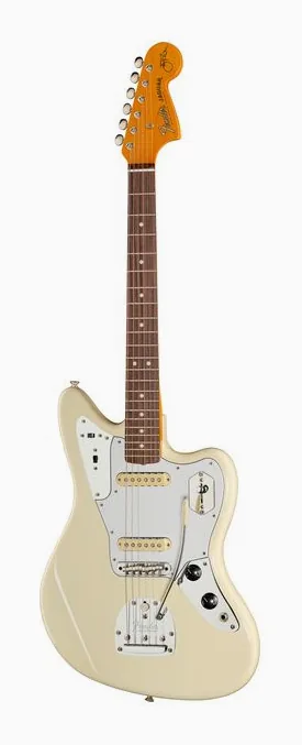 Fender Johnny Marr Jaguar OWT inquadrato di fronte su sfondo neutro