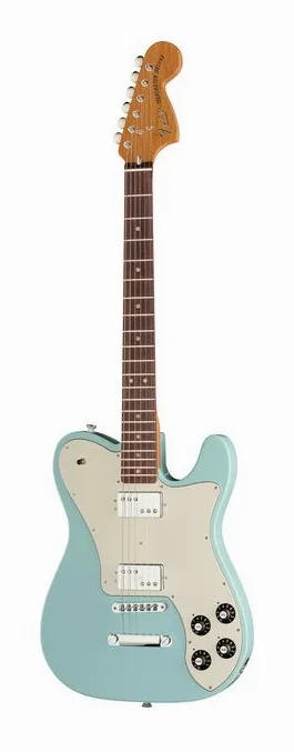 Fender Kingfish Delta Day Tele DNB inquadrato di fronte su sfondo neutro
