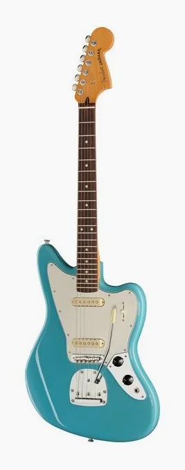 Fender Player II Jaguar RW AQB inquadrato di fronte su sfondo neutro