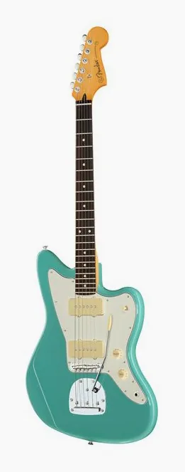 Fender Player II Jazzmaster RW AQB inquadrato di fronte su sfondo neutro