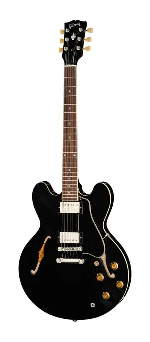 Gibson ES-335 50s Ebony inquadrato di fronte su sfondo neutro