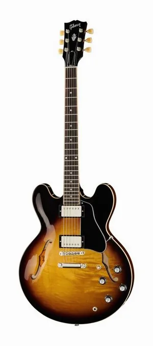 Gibson ES-335 Dot Vintage Burst inquadrato di fronte su sfondo neutro