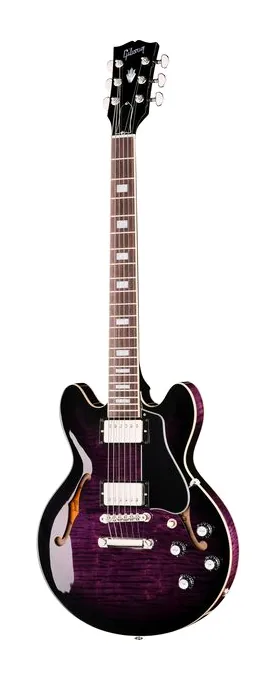 Gibson ES-339 Figured D Purple Burst inquadrato di fronte su sfondo neutro