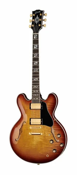 Gibson ES Supreme Bourbon Burst inquadrato di fronte su sfondo neutro